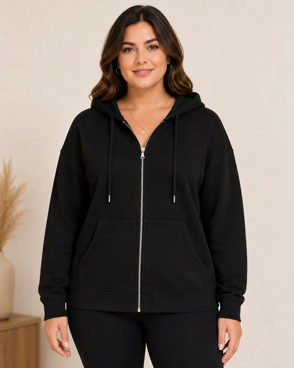 Sudadera Plus Size Para Dama Curvy Con Cierre Y Capucha Lisa