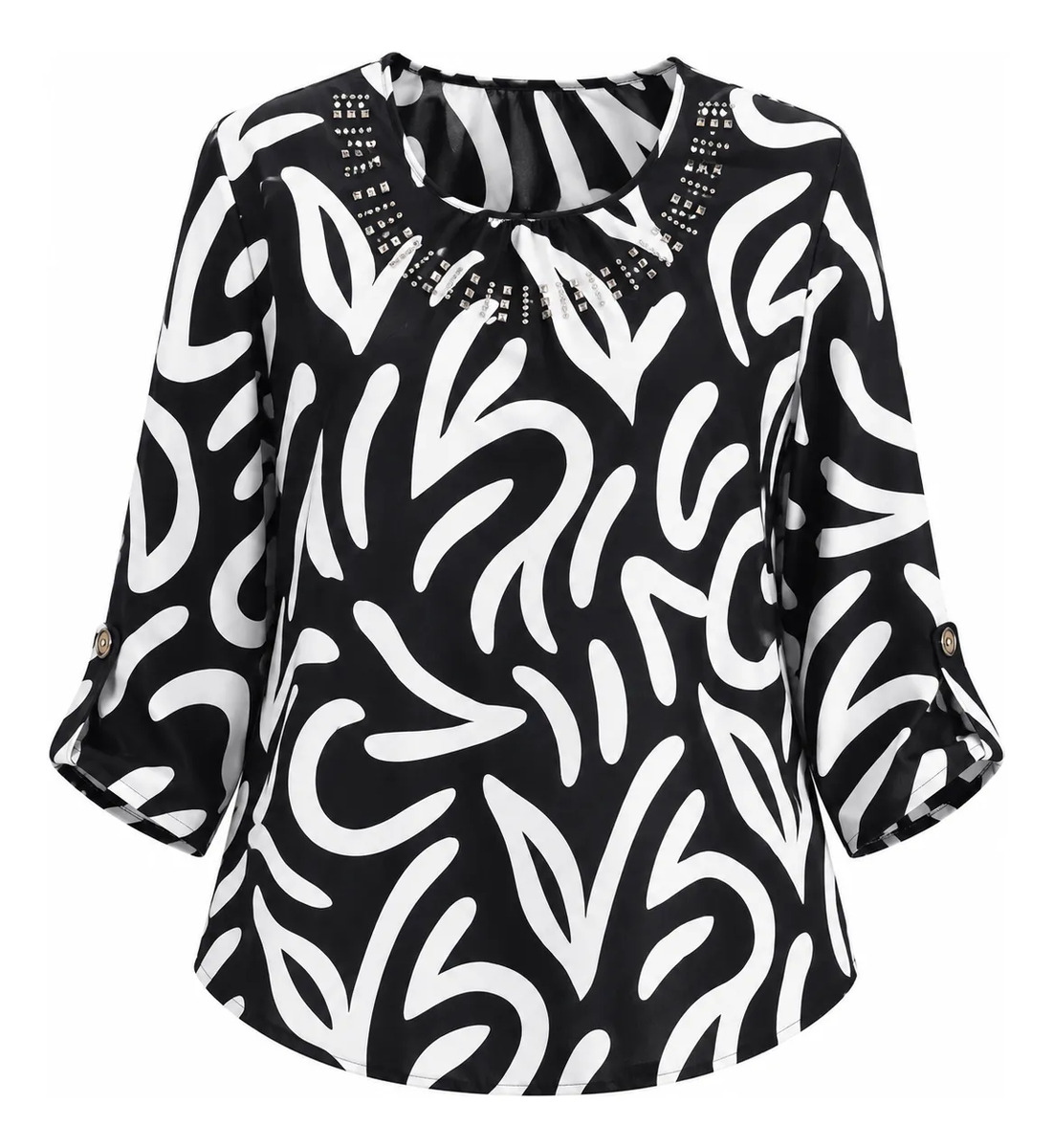 Blusa Estampada Cuello Pedrería Manga 3/4 Elegante Casual