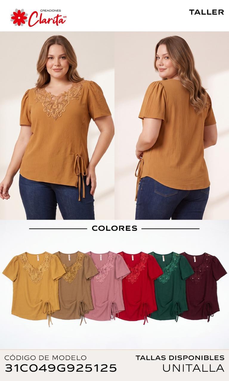 Blusa con aplicación de encaje y jareta lateral