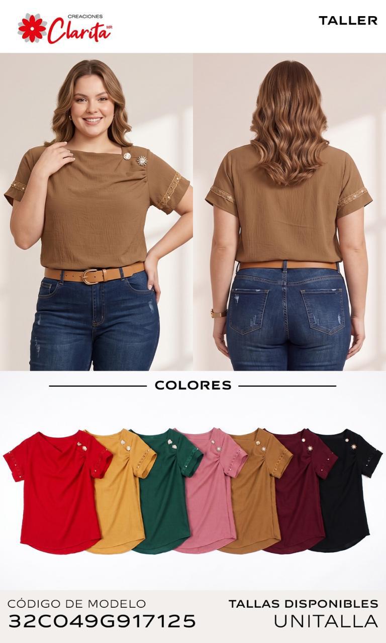 Blusa de escote asimétrico con broches joya