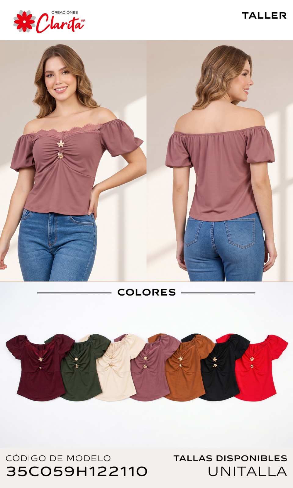 Blusa off-shoulder con encaje y botones joya