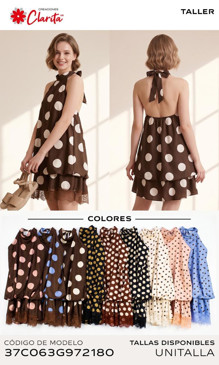 Vestido corto halter de lunares con encaje