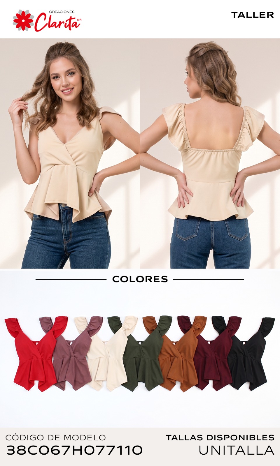 Blusa peplum cruzada con olán en los hombros