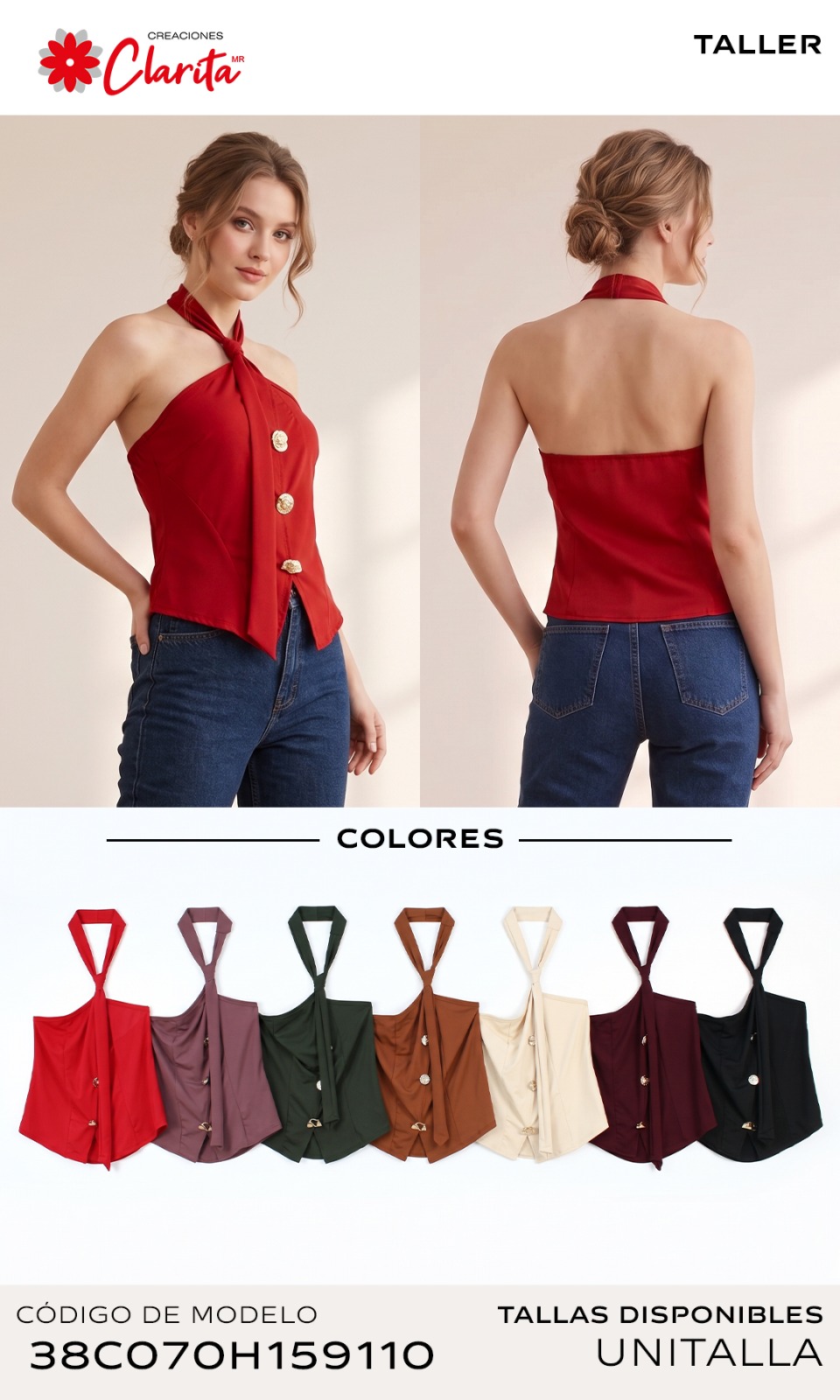 Top halter con corbata y botones dorados