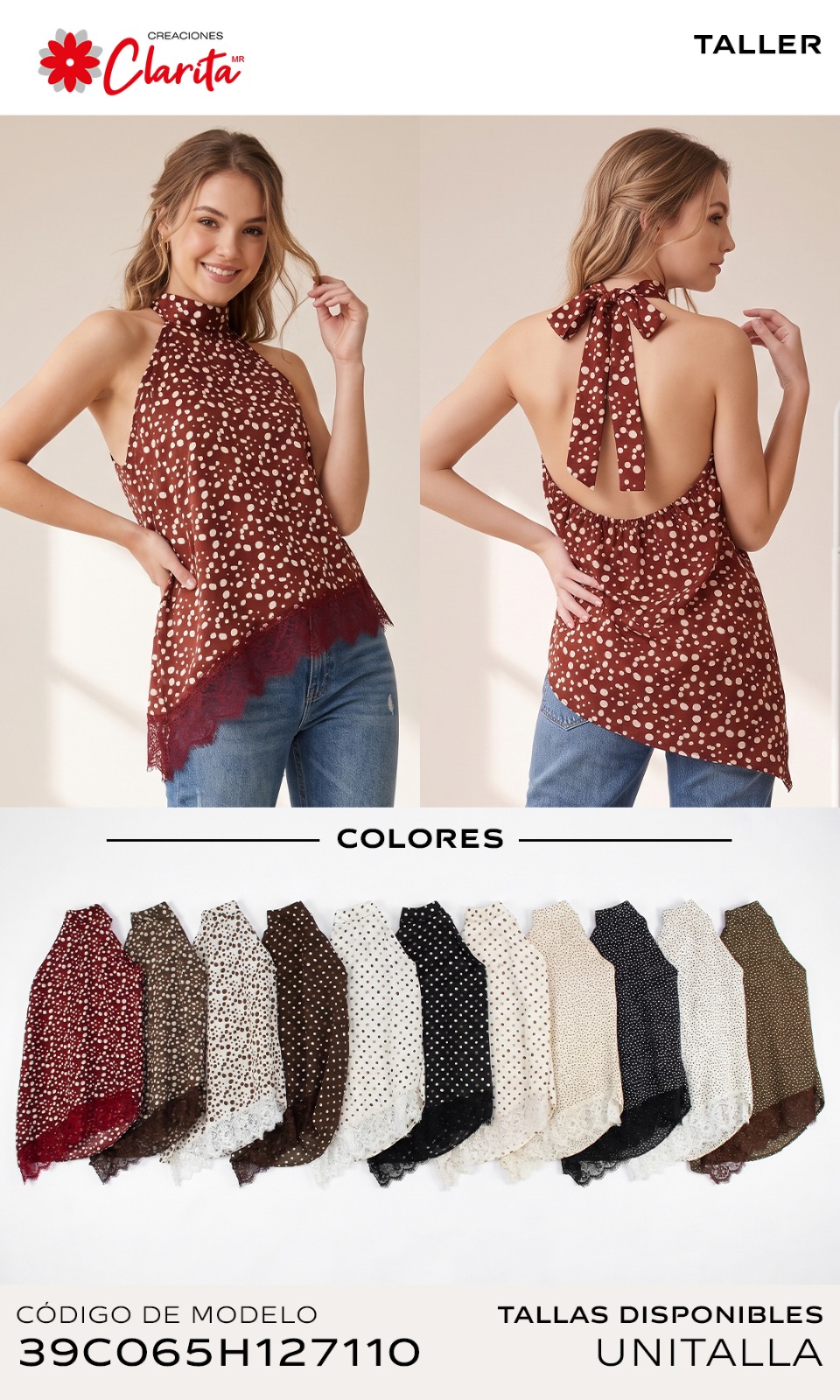 Blusa halter de lunares con encaje asimétrico