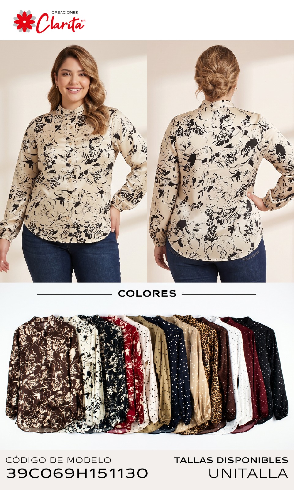 Blusa camisera satinada de cuello mao estampada