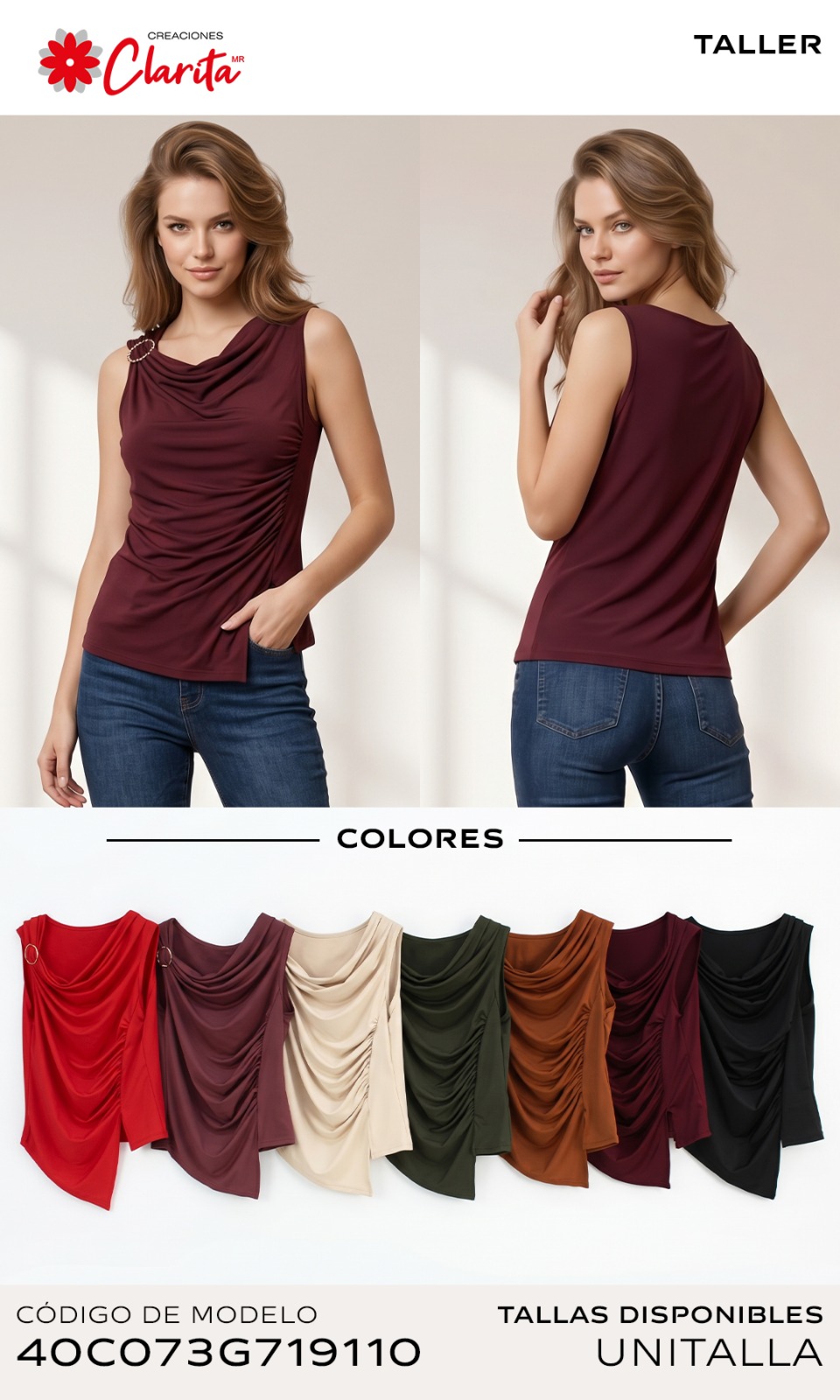 Blusa sin mangas de cuello drapeado con argolla
