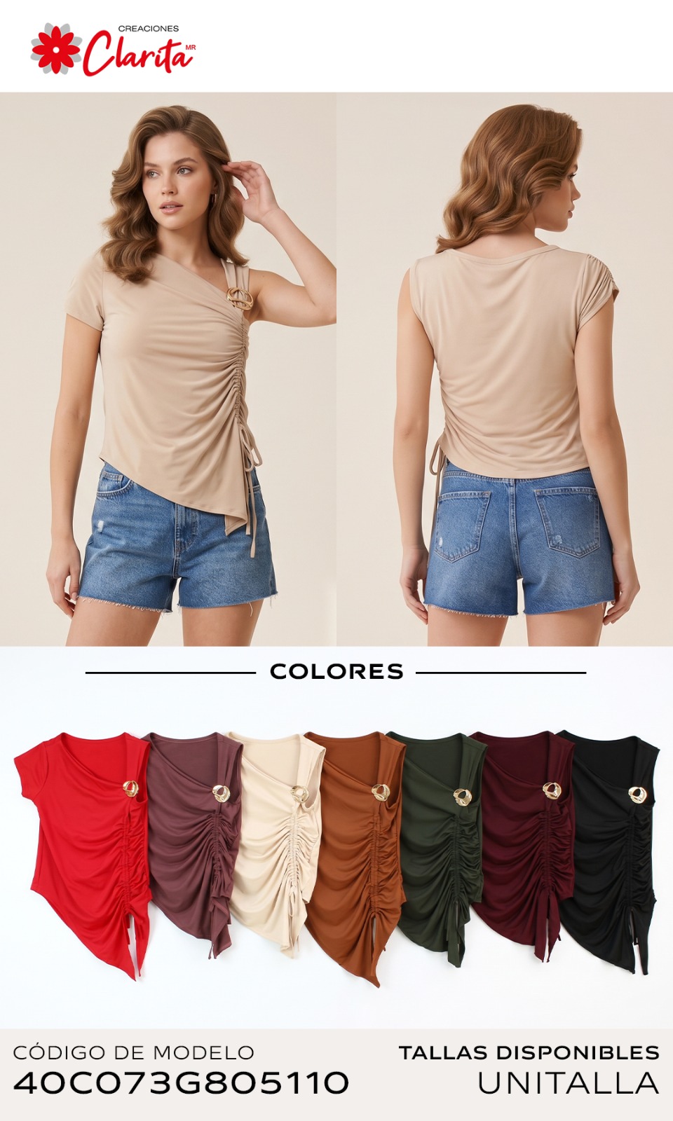 Blusa asimétrica con jareta lateral y argolla dorada