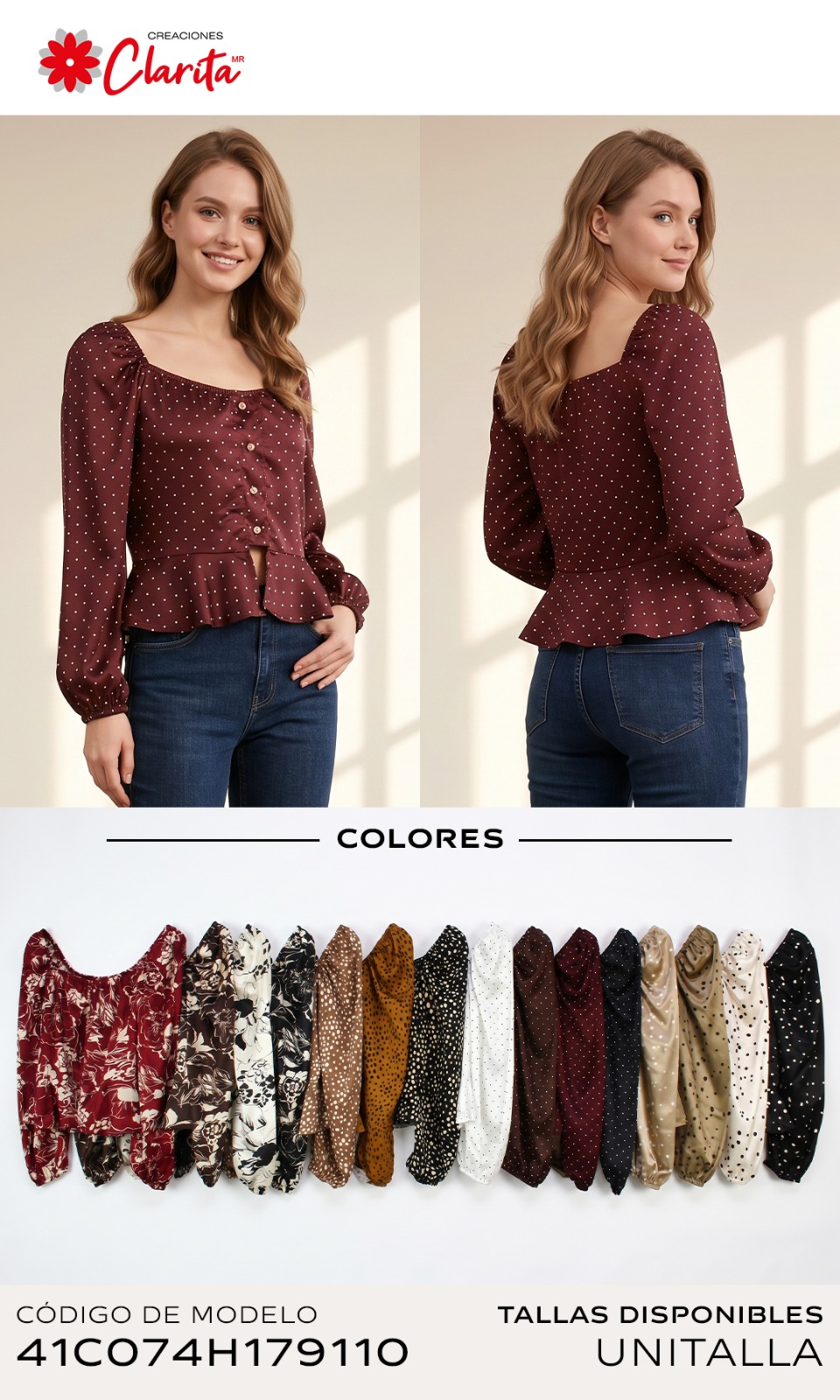 Blusa satinada manga larga con peplum