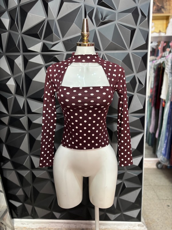 Blusa de lunares con cuello alto, abertura al pecho y manga larga