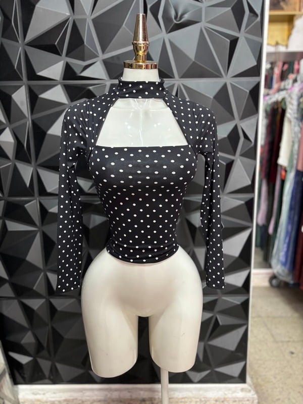 Blusa de lunares con cuello alto, abertura al pecho y manga larga