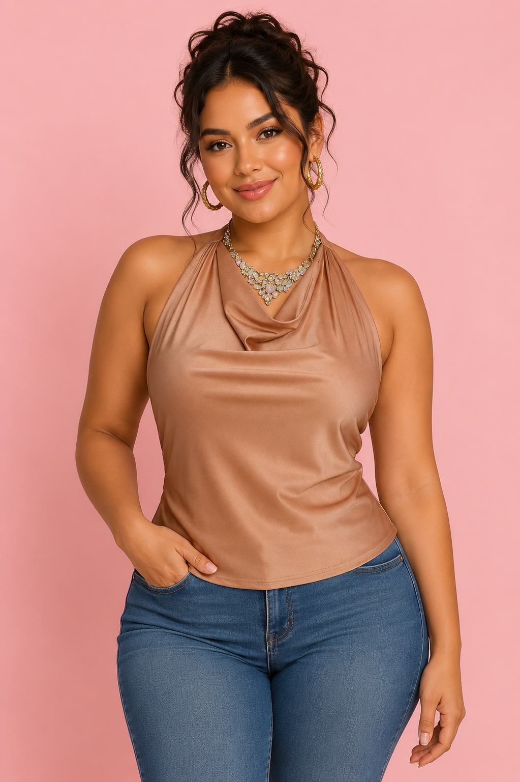 Blusa halter con cuello columpio en licra