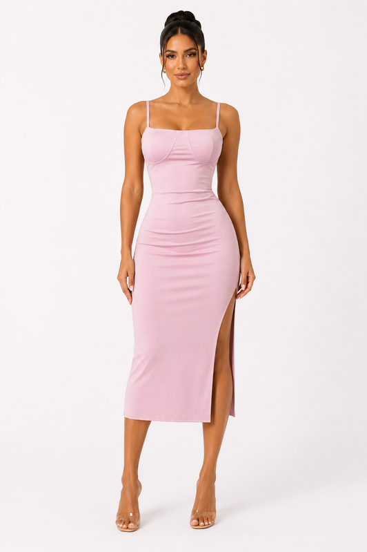 Vestido midi de tirantes con copa, escote en la espalda y abertura