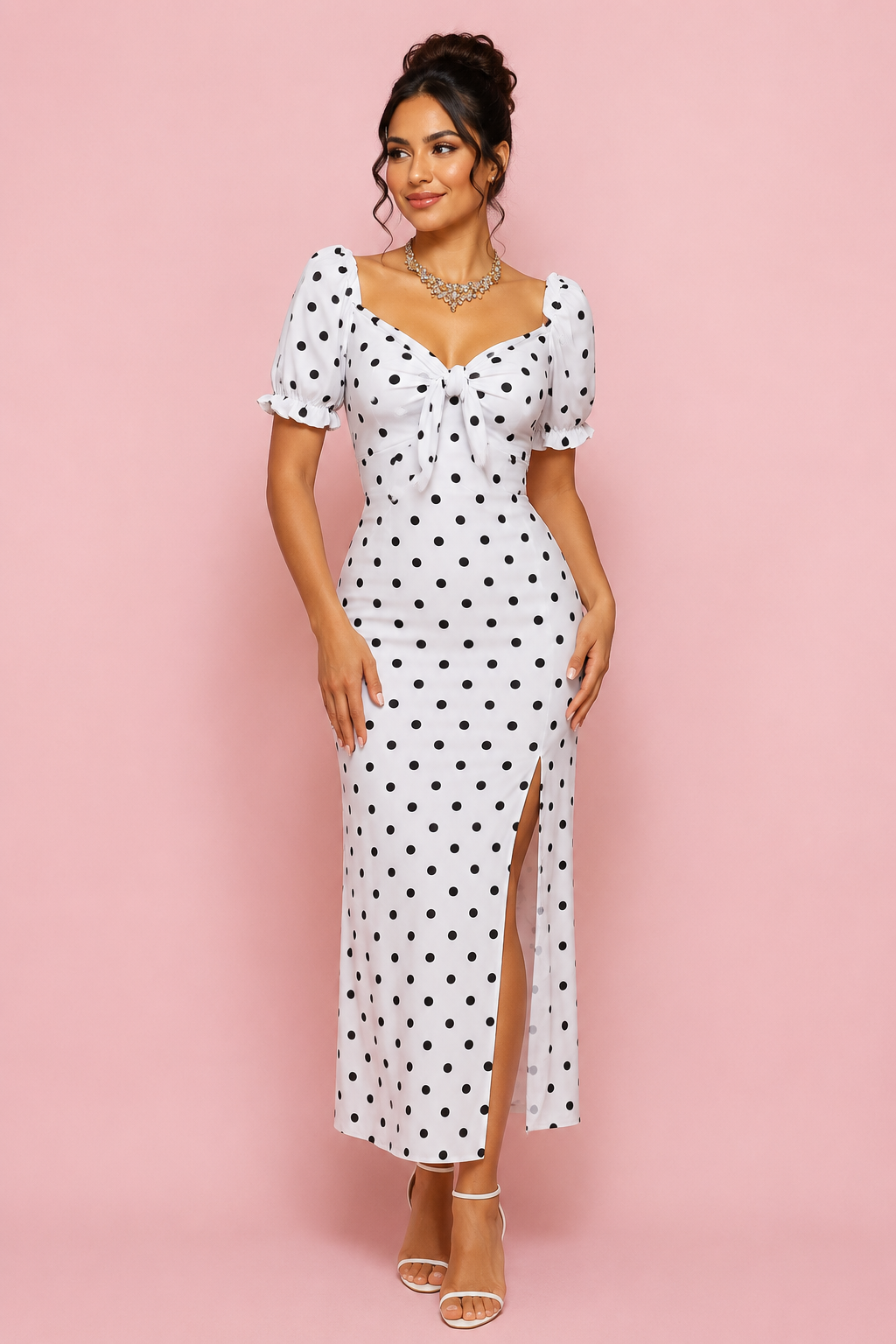 Vestido largo de lunares con moño al frente, manga corta y abertura