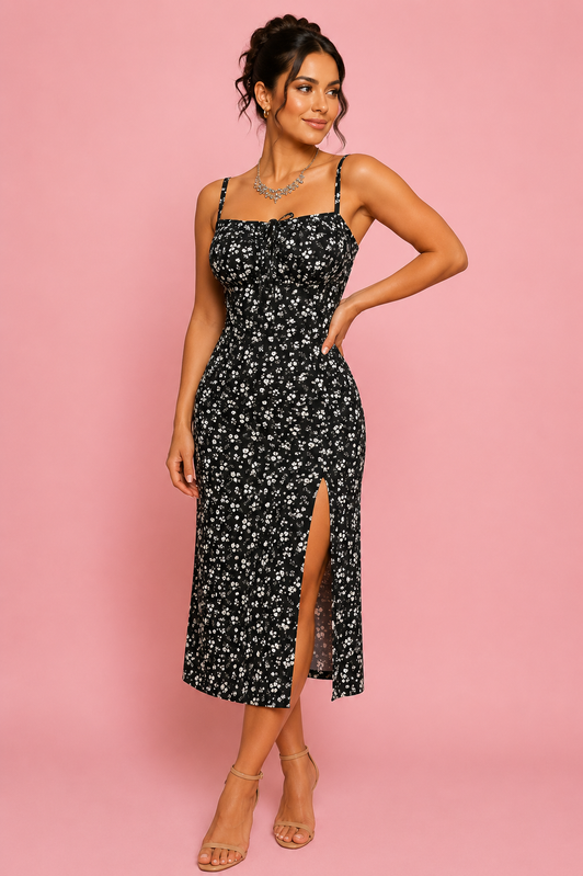 Vestido midi de tirantes en rib estampado con abertura al frente