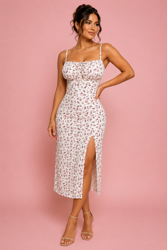 Vestido midi de tirantes en rib estampado con abertura al frente