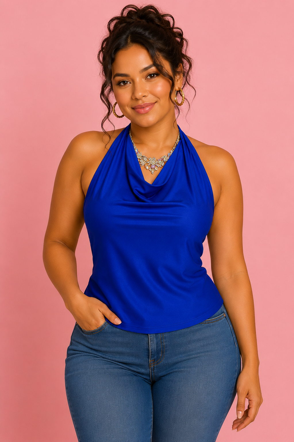 Blusa halter con cuello columpio en licra