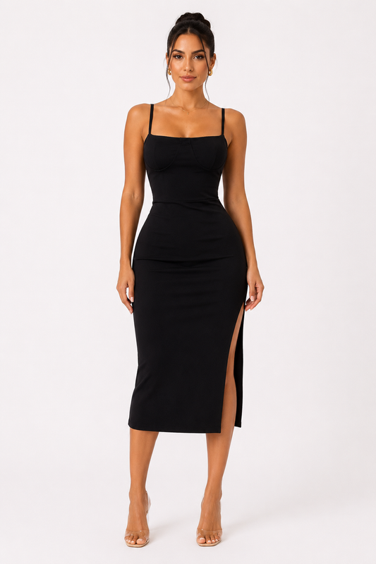 Vestido midi de tirantes con copa, escote en la espalda y abertura