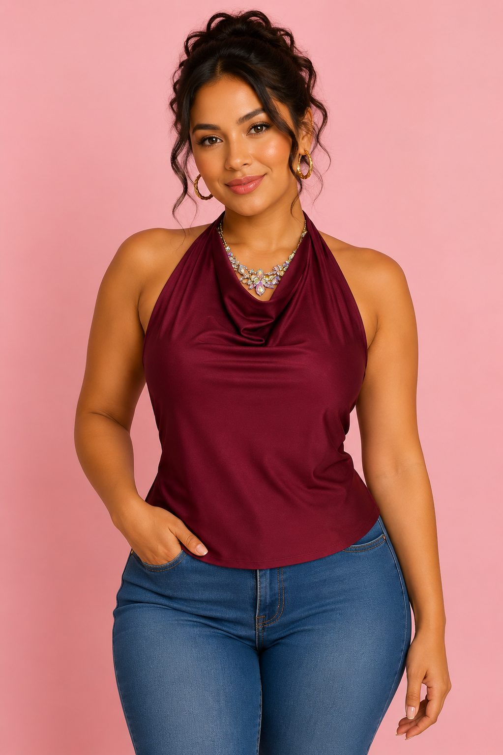 Blusa halter con cuello columpio en licra