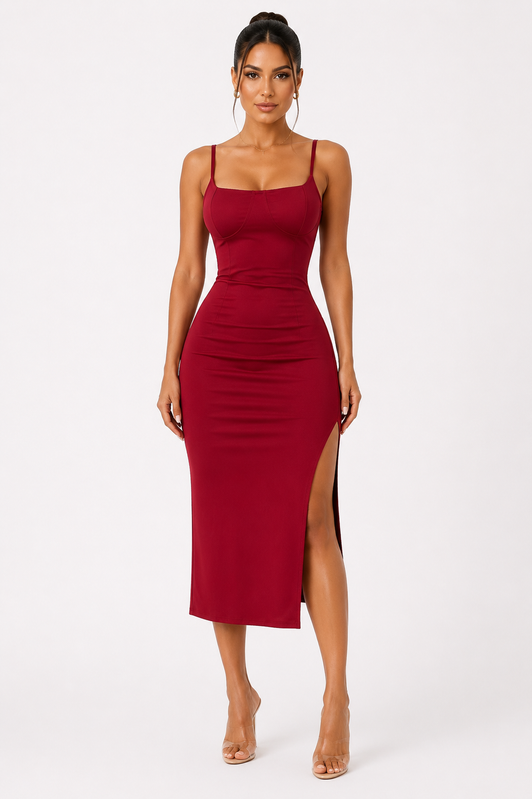 Vestido midi de tirantes con copa, escote en la espalda y abertura