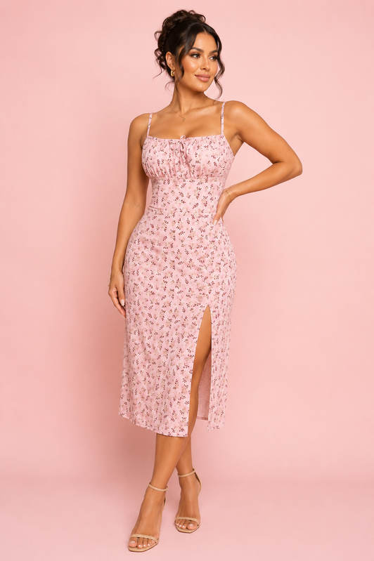 Vestido midi de tirantes en rib estampado con abertura al frente