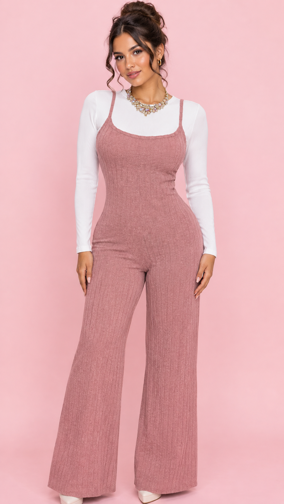 Conjunto de jumper de tirantes en rib y blusa de manga larga