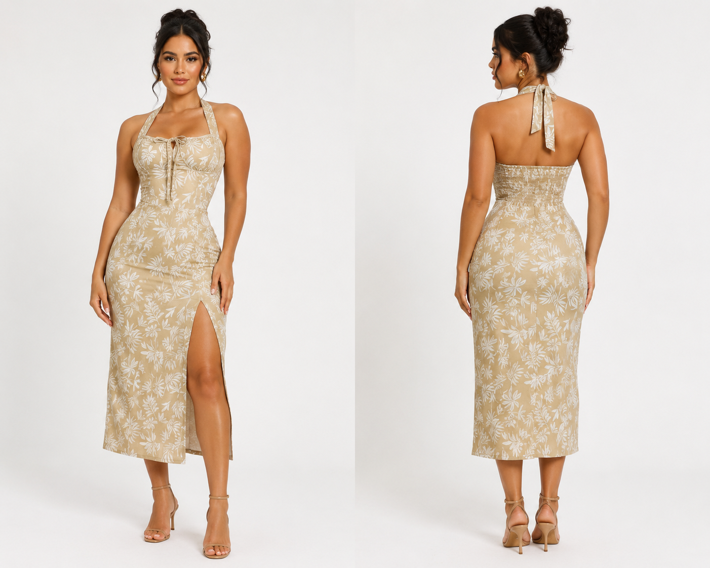 Vestido midi halter floral con corte al bies y abertura