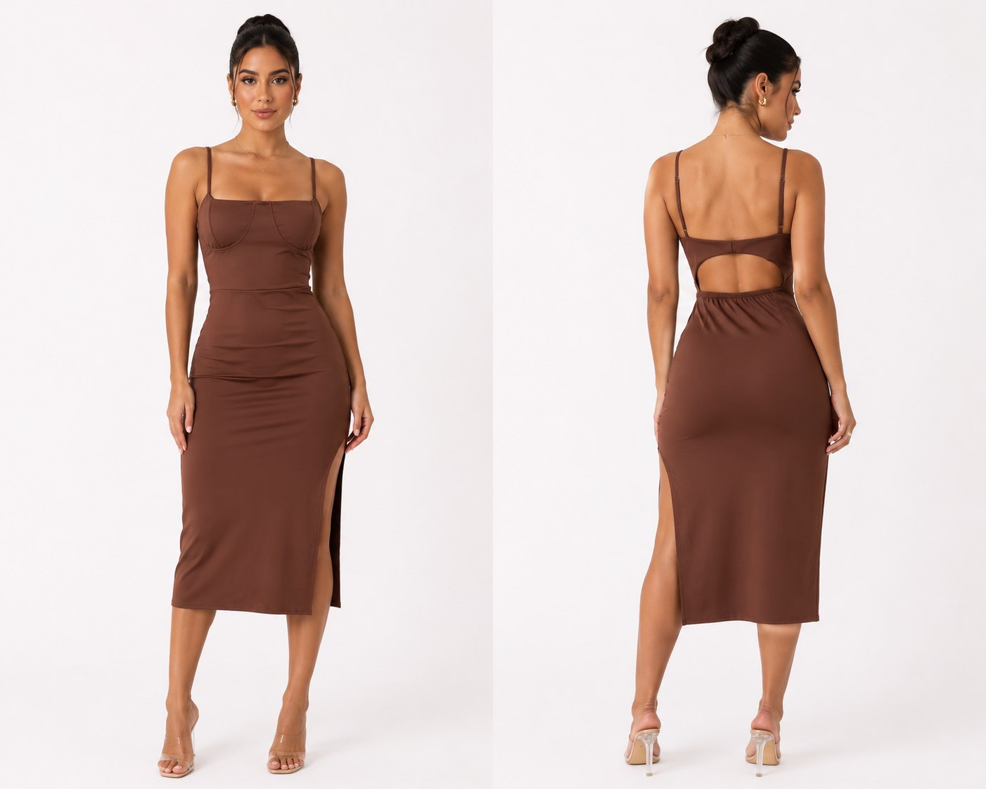 Vestido midi de tirantes con copa, escote en la espalda y abertura