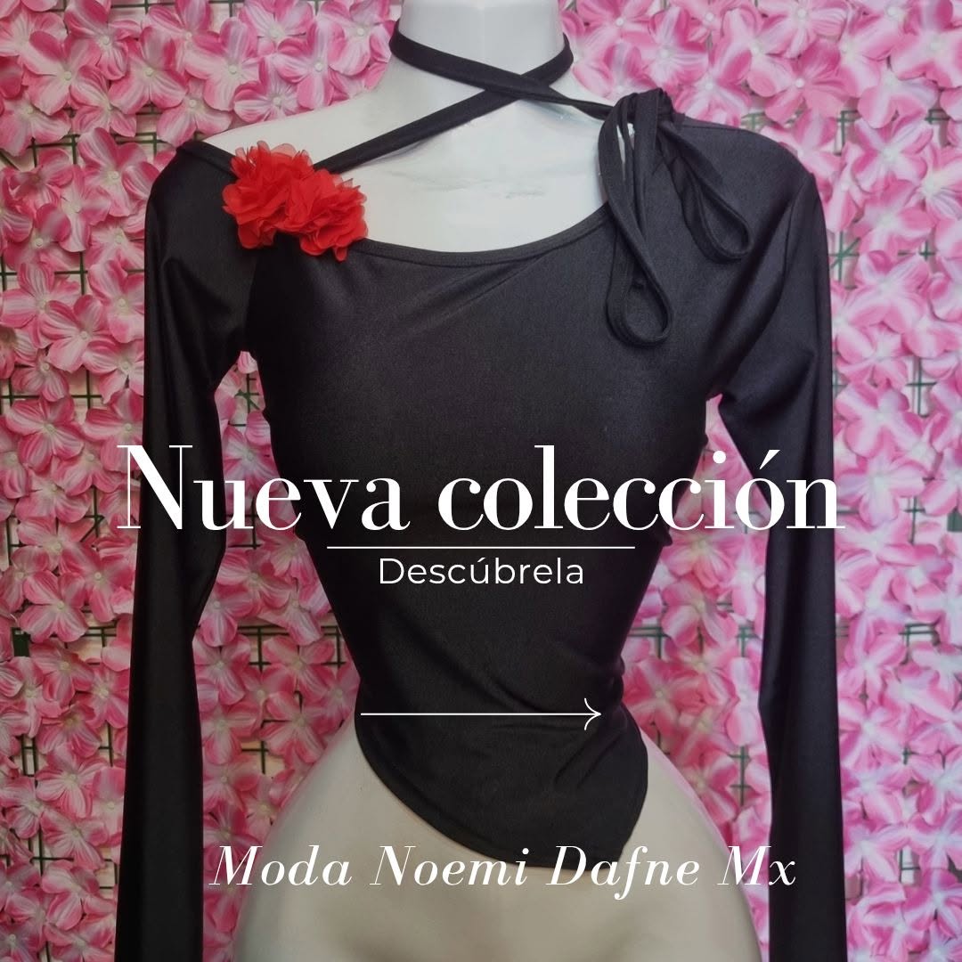 Top asimétrico de manga larga con flor y lazo al cuello