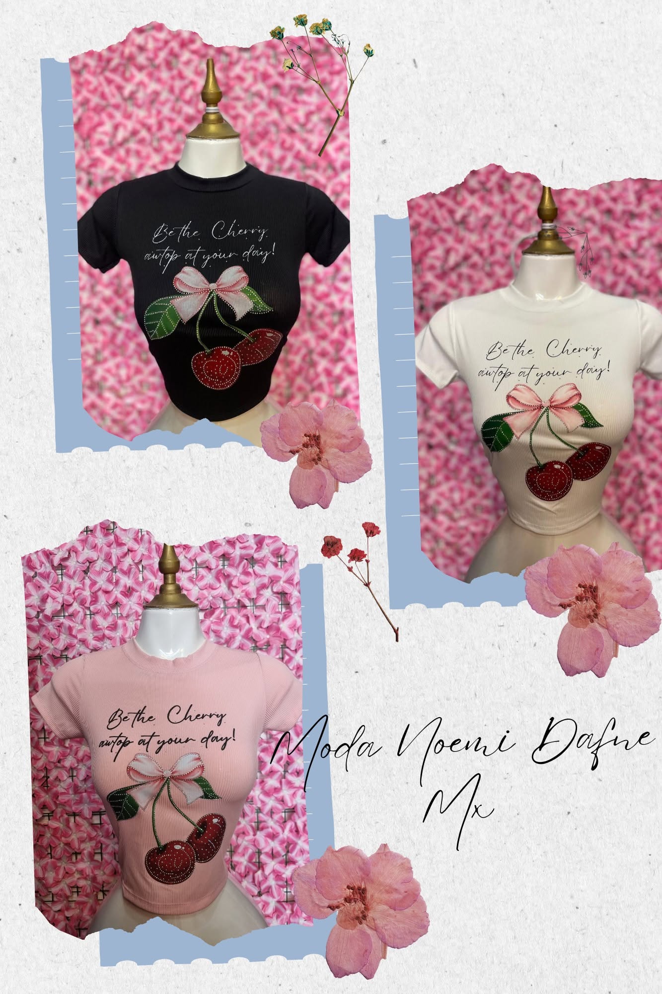 Camiseta con cerezas de brillantes y moño