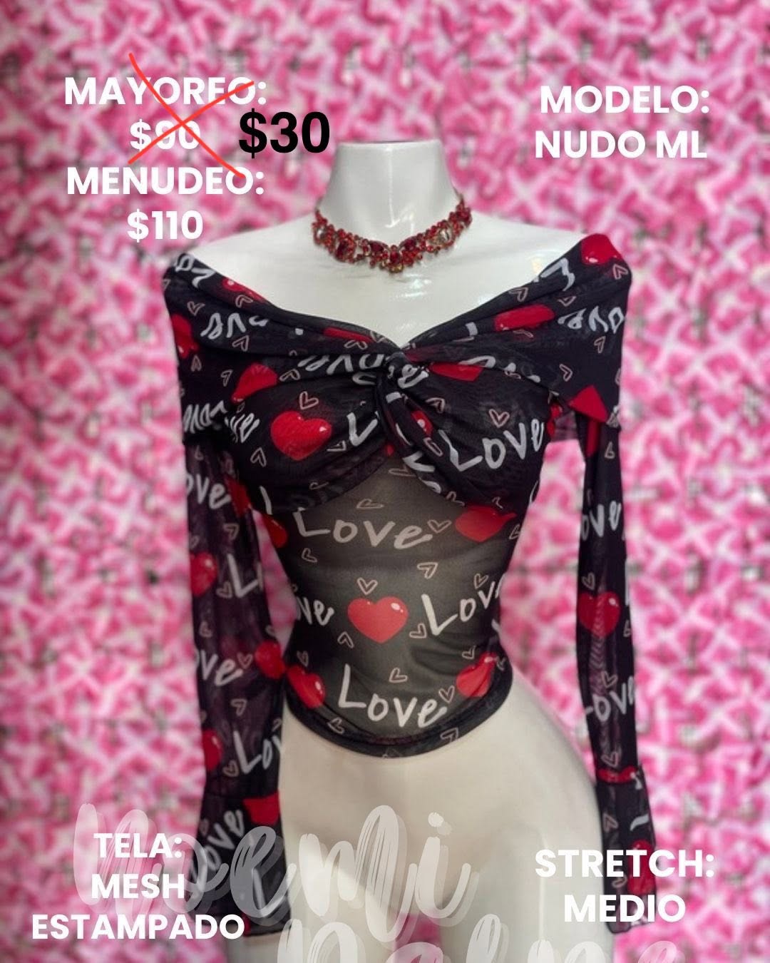 Blusa de mesh estampado Love con nudo y manga larga