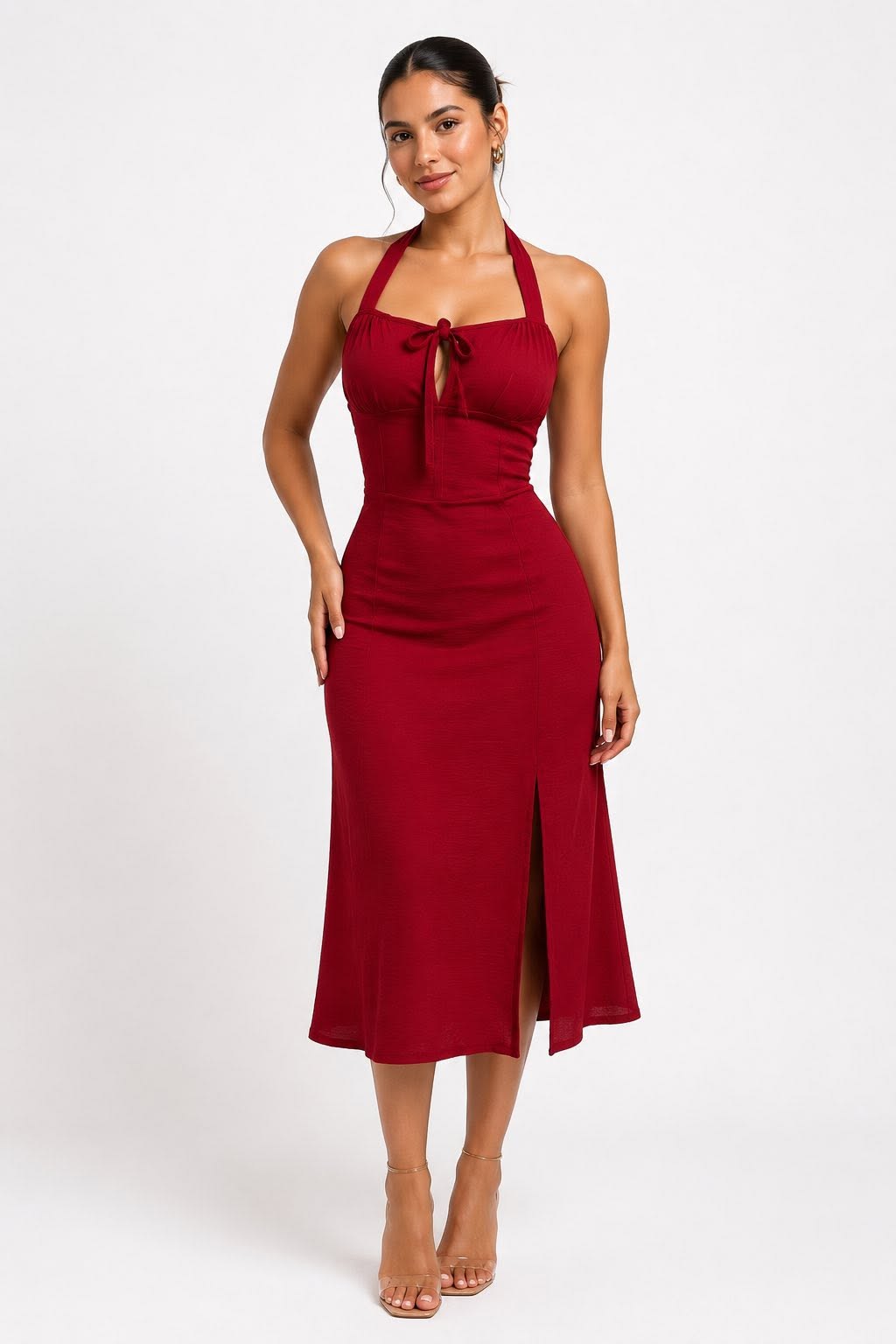 Vestido midi halter con moño y abertura lateral