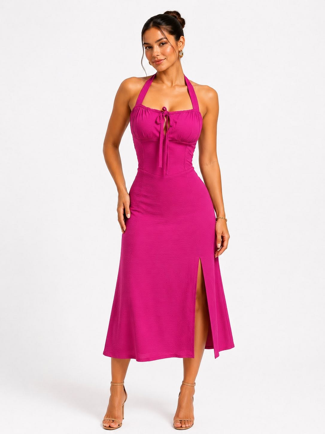 Vestido midi halter con moño y abertura lateral