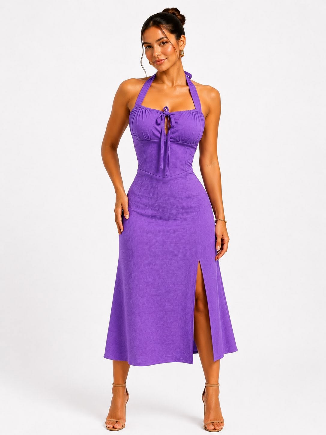 Vestido midi halter con moño y abertura lateral
