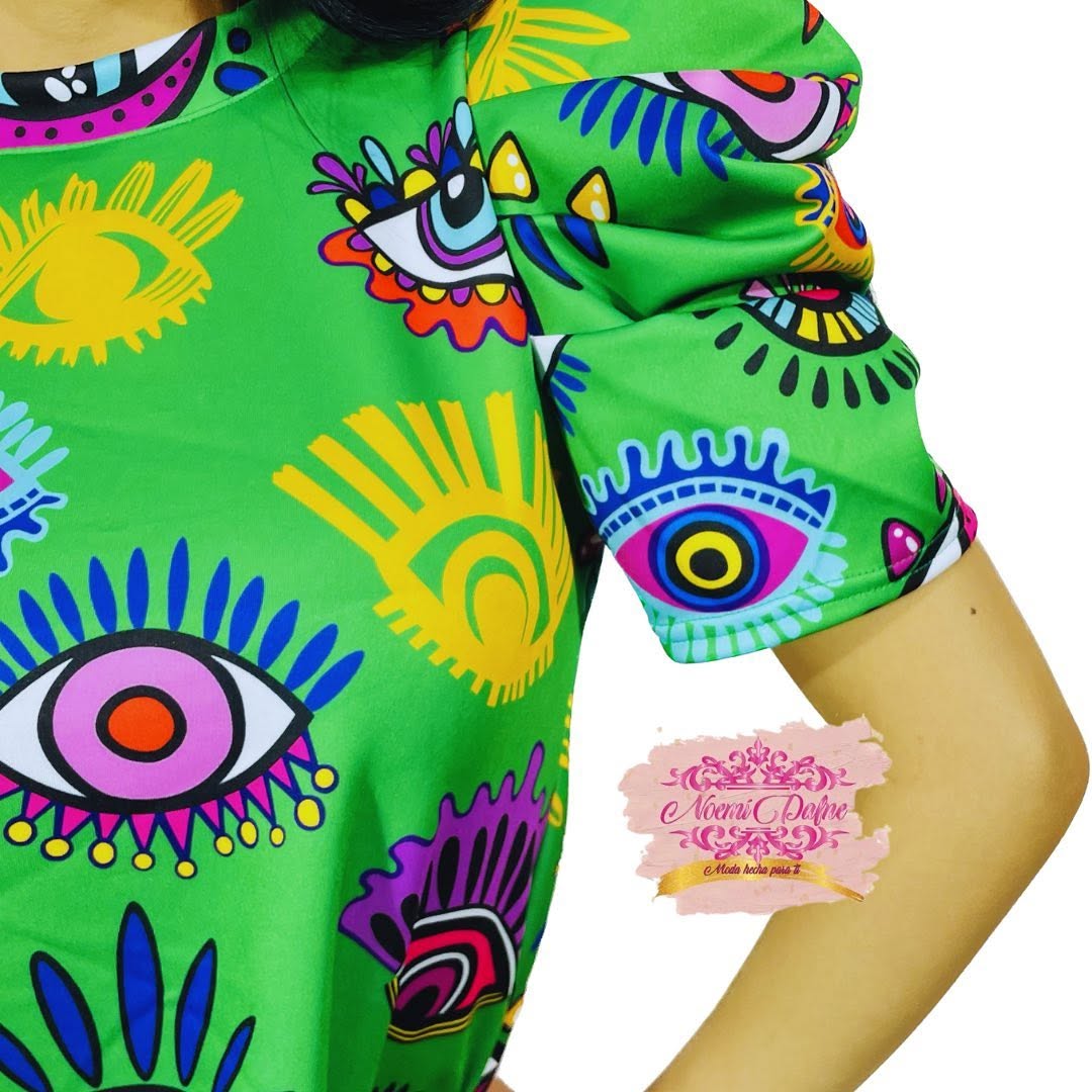 Vestido corte A con manga abullonada estampado ojo turco