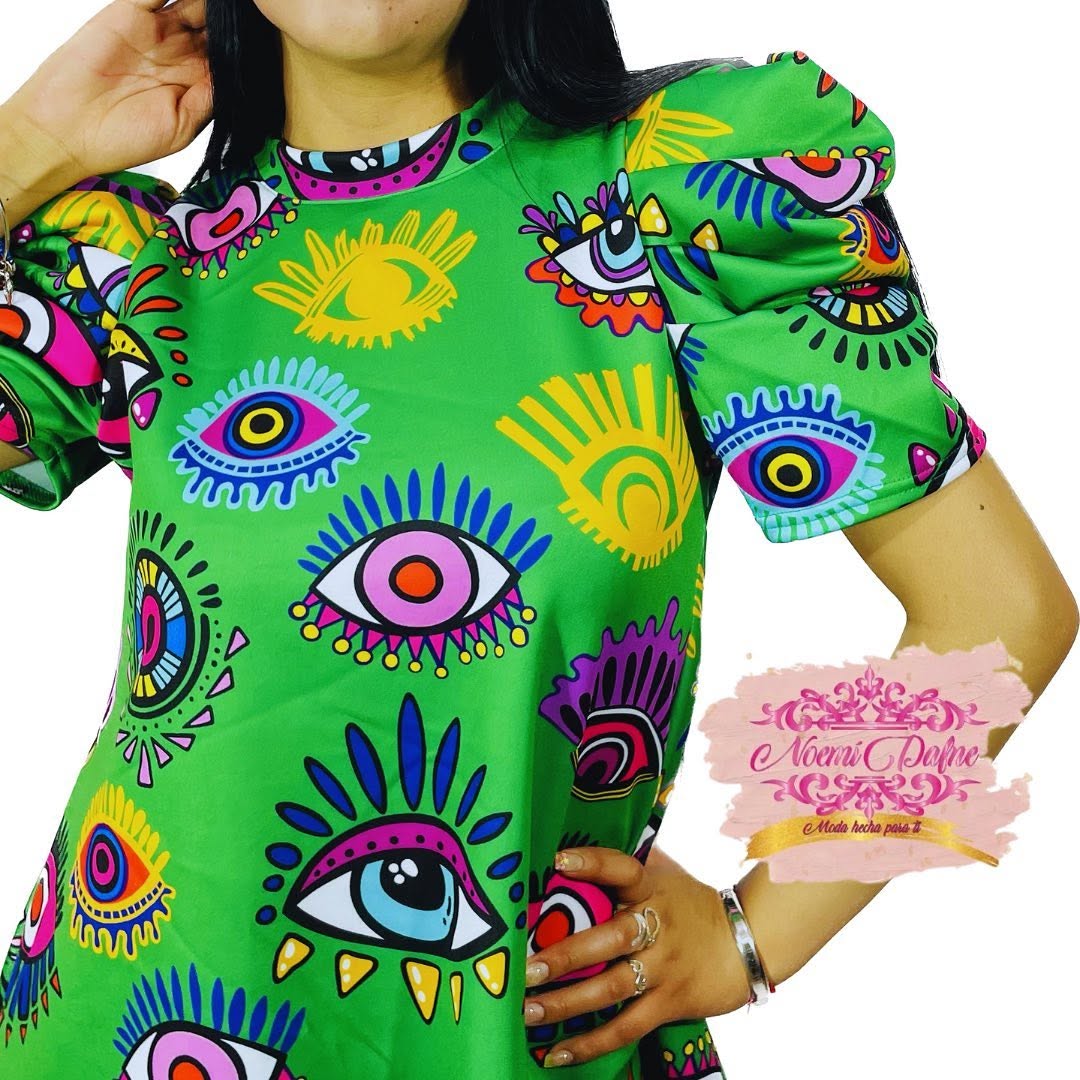 Vestido corte A con manga abullonada estampado ojo turco