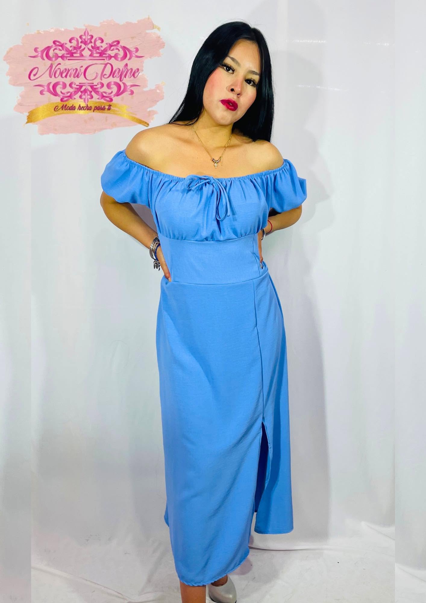 Vestido midi campesino de hombros descubiertos con abertura