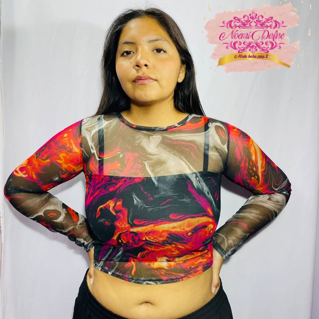 Blusa de mesh de manga larga estampado marmoleado