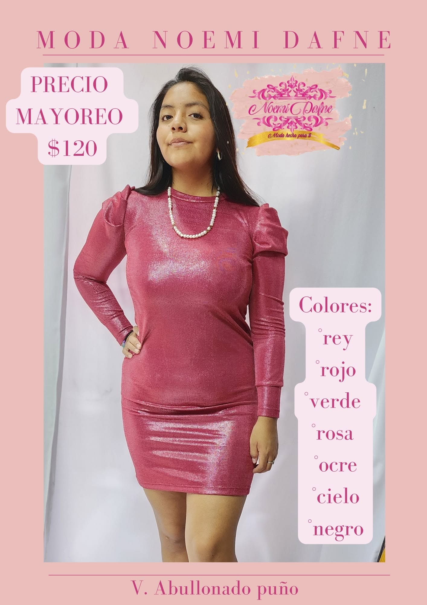 Vestido corto metálico de manga larga abullonada con puño