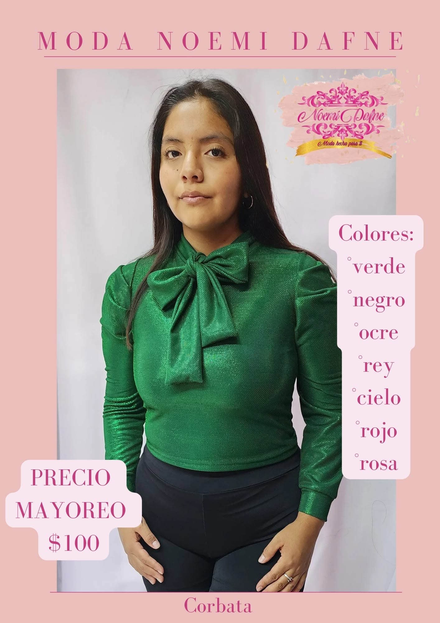 Blusa satinada de manga larga con moño tipo corbata
