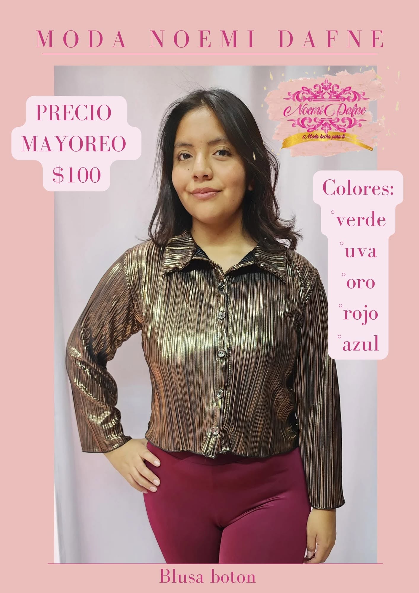 Blusa plisada metálica de botones y manga larga