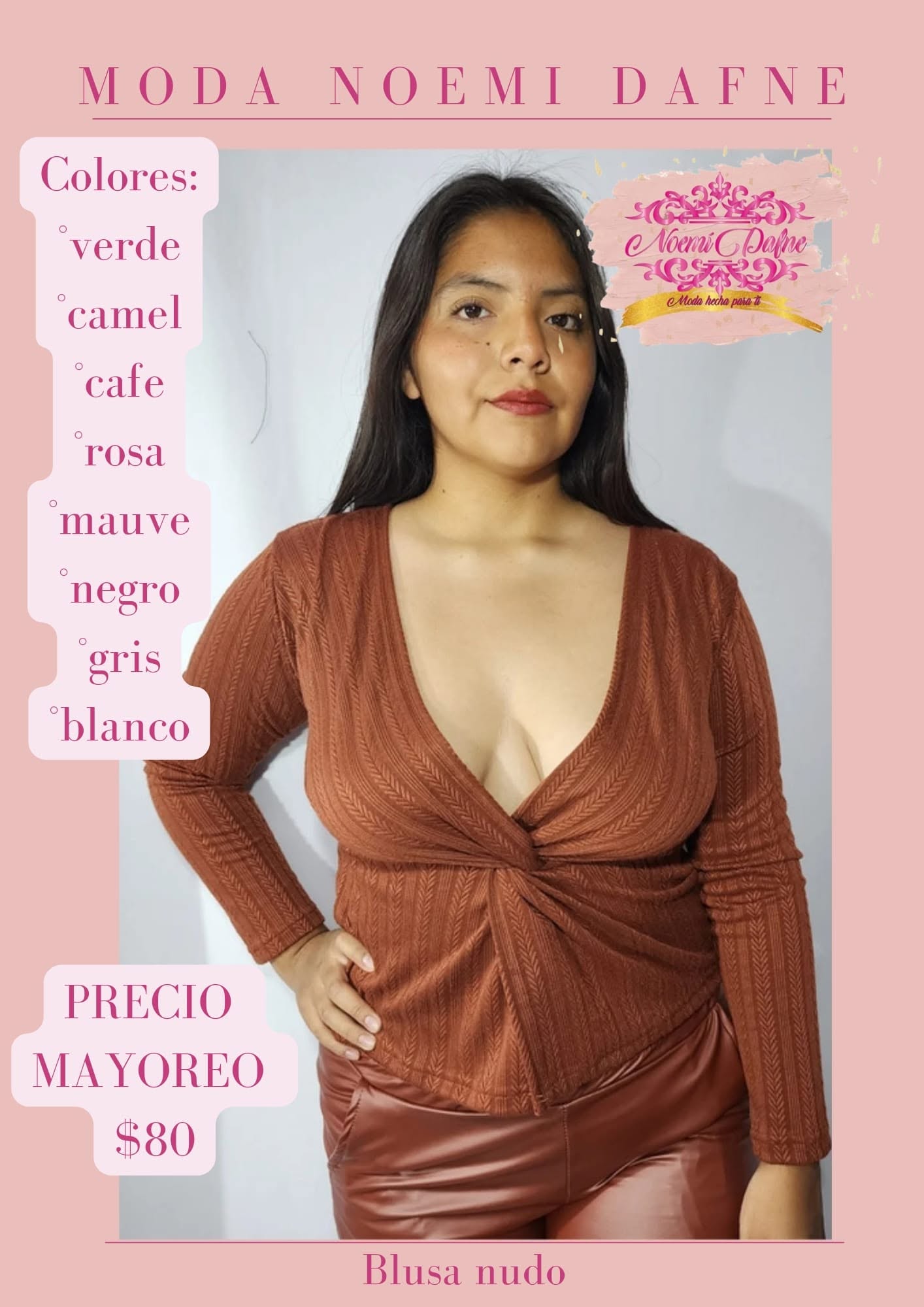 Blusa de manga larga con nudo al frente en tela rib