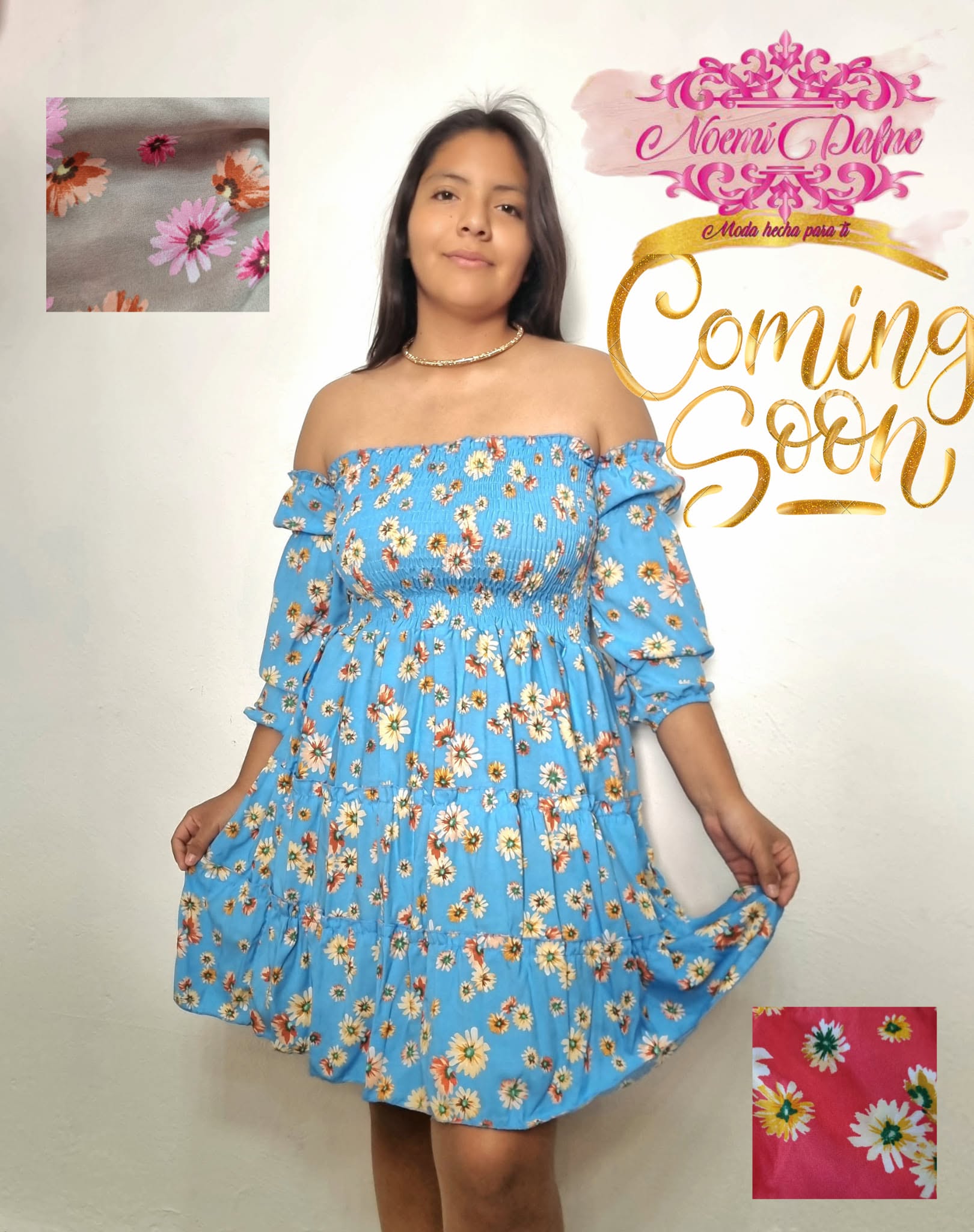Vestido corto campesino con pecho de smock, manga tres cuartos y falda escalonada