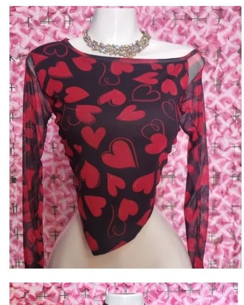 Blusa de mesh con corazones, cuello redondo y manga larga
