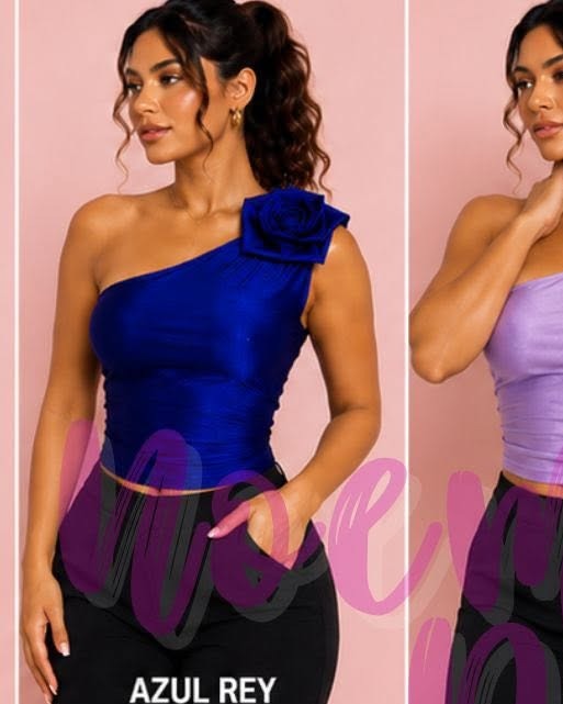Top satinado de un hombro con flor