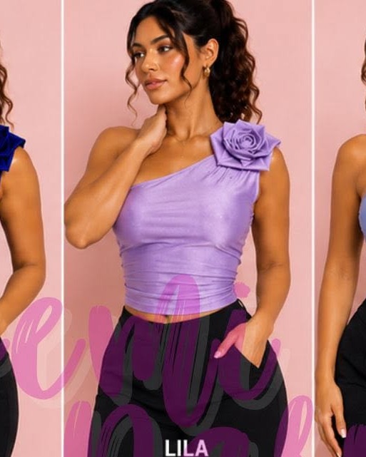 Top satinado de un hombro con flor
