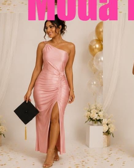 Vestido largo satinado de un hombro con abertura