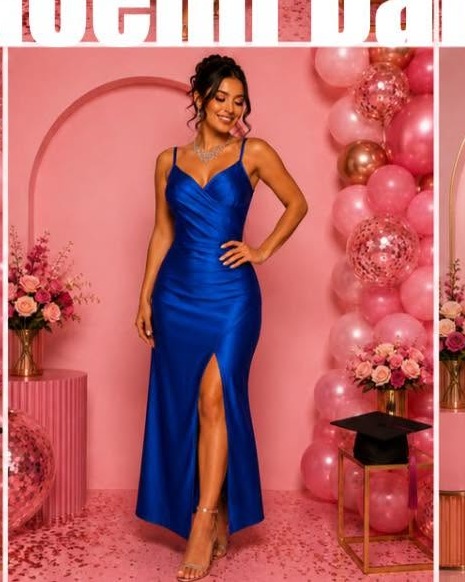 Vestido largo satinado con escote caído y abertura lateral