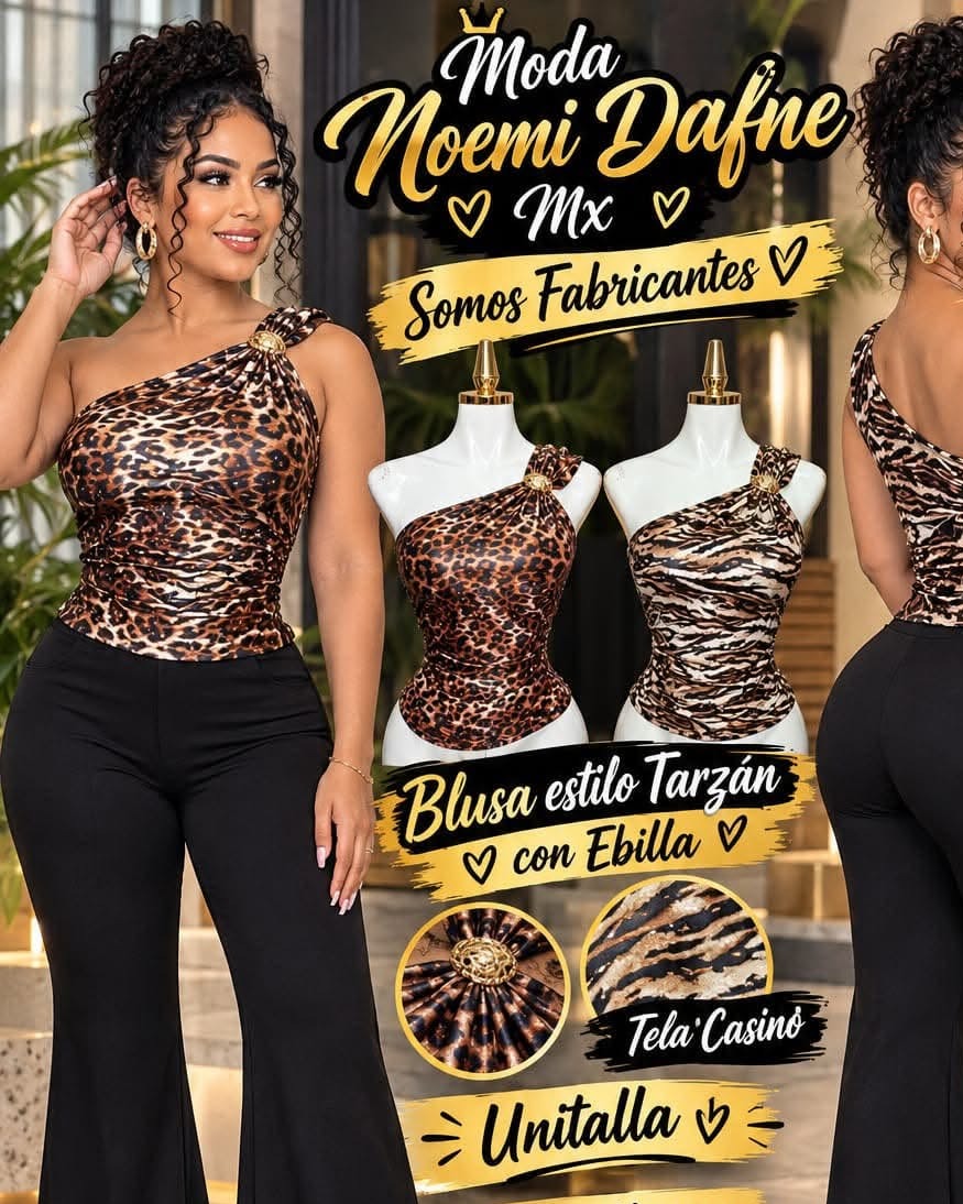 Blusa asimétrica estilo Tarzán con hebilla animal print