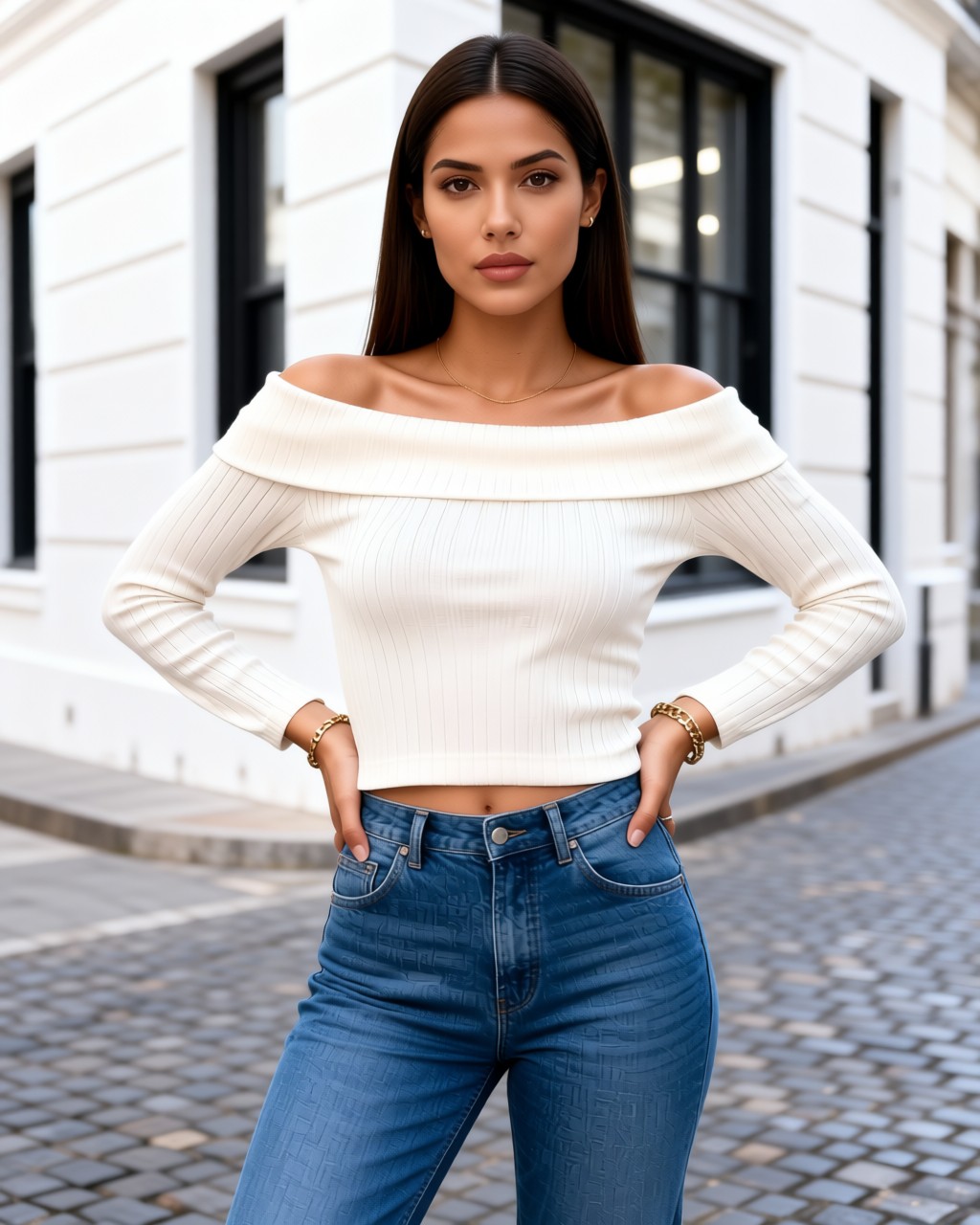 Blusa campesina de viscosa acanalada con hombros descubiertos